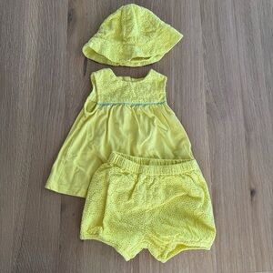 Baby Boden Girl 100% Cotton Yellow Eyelet Outfit Set 3-6M Cute Hat Shorts Top